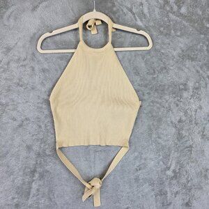 Zara Tank Top Womens Large Beige Ribbed Halter Cropped Tie Back Knit Sleeveless